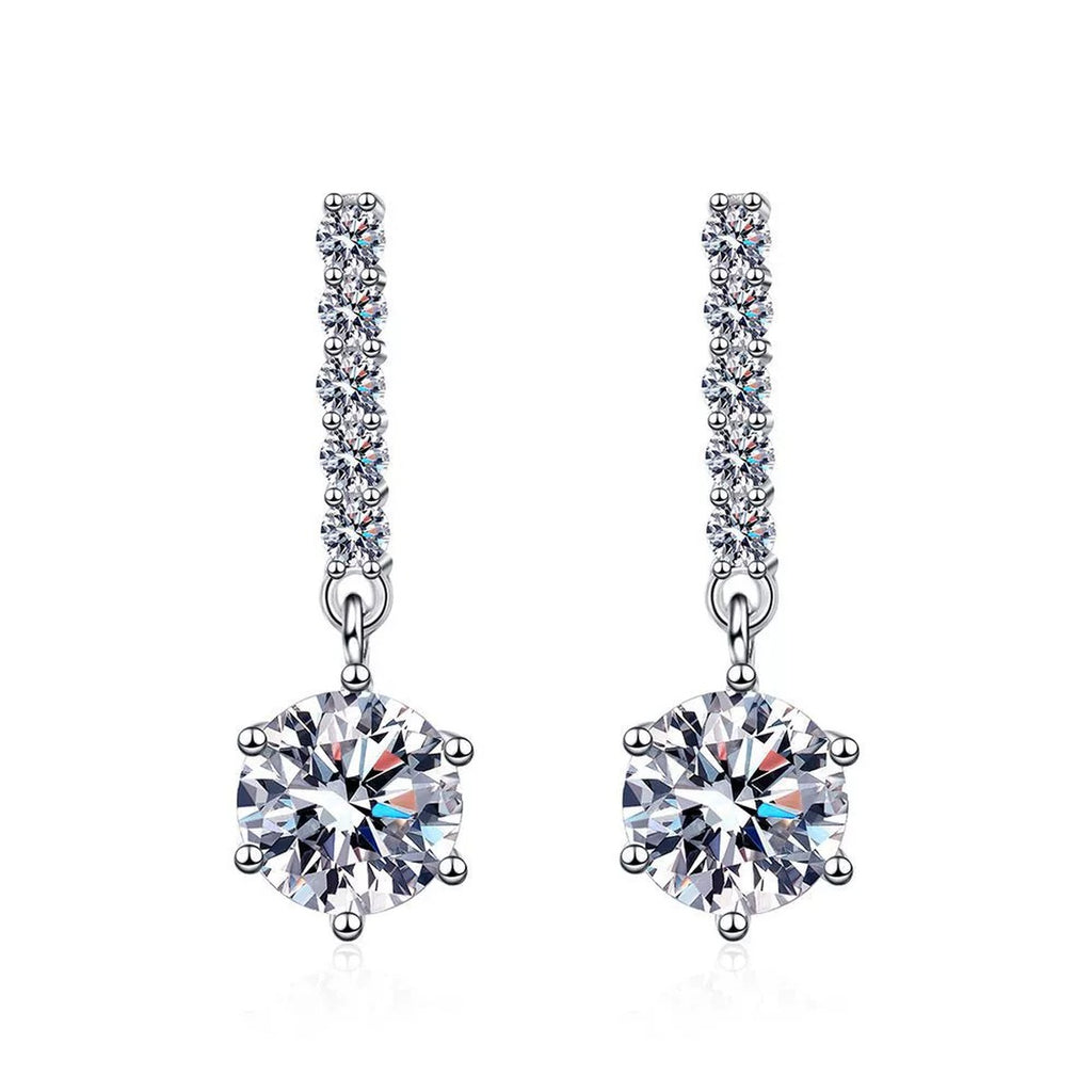 Moissanite Threader Drop Earrings with CZ in White Gold-Plated S925 on clean white background showing the pair and long chain threader earrings with moissanite cluster drops