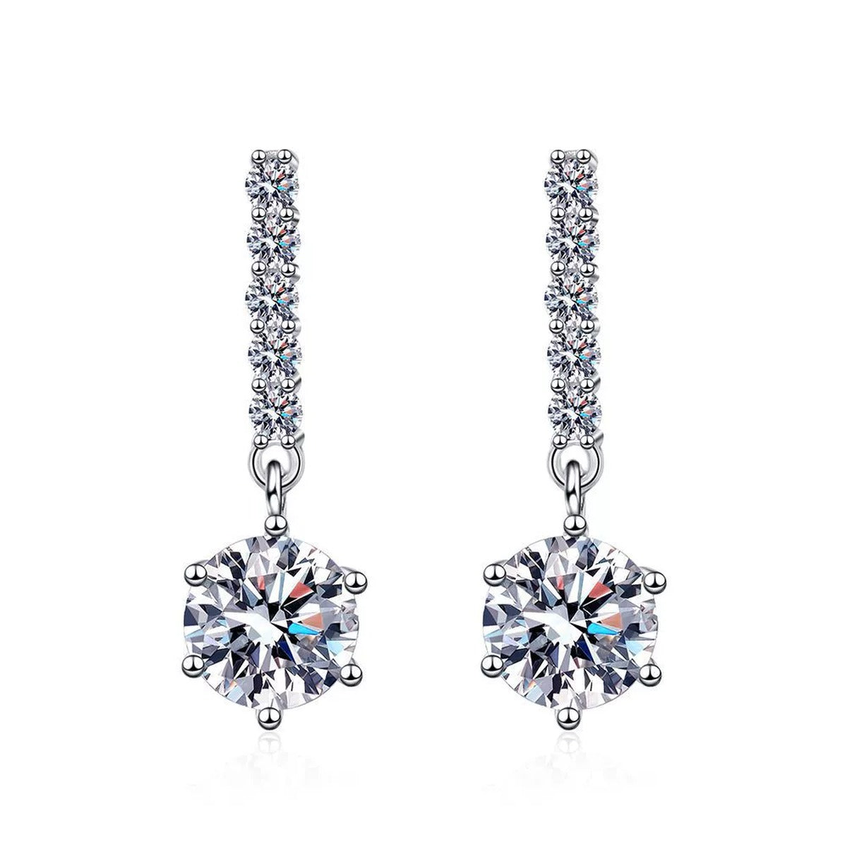 Moissanite Threader Drop Earrings with CZ in White Gold-Plated S925 on clean white background showing the pair and long chain threader earrings with moissanite cluster drops