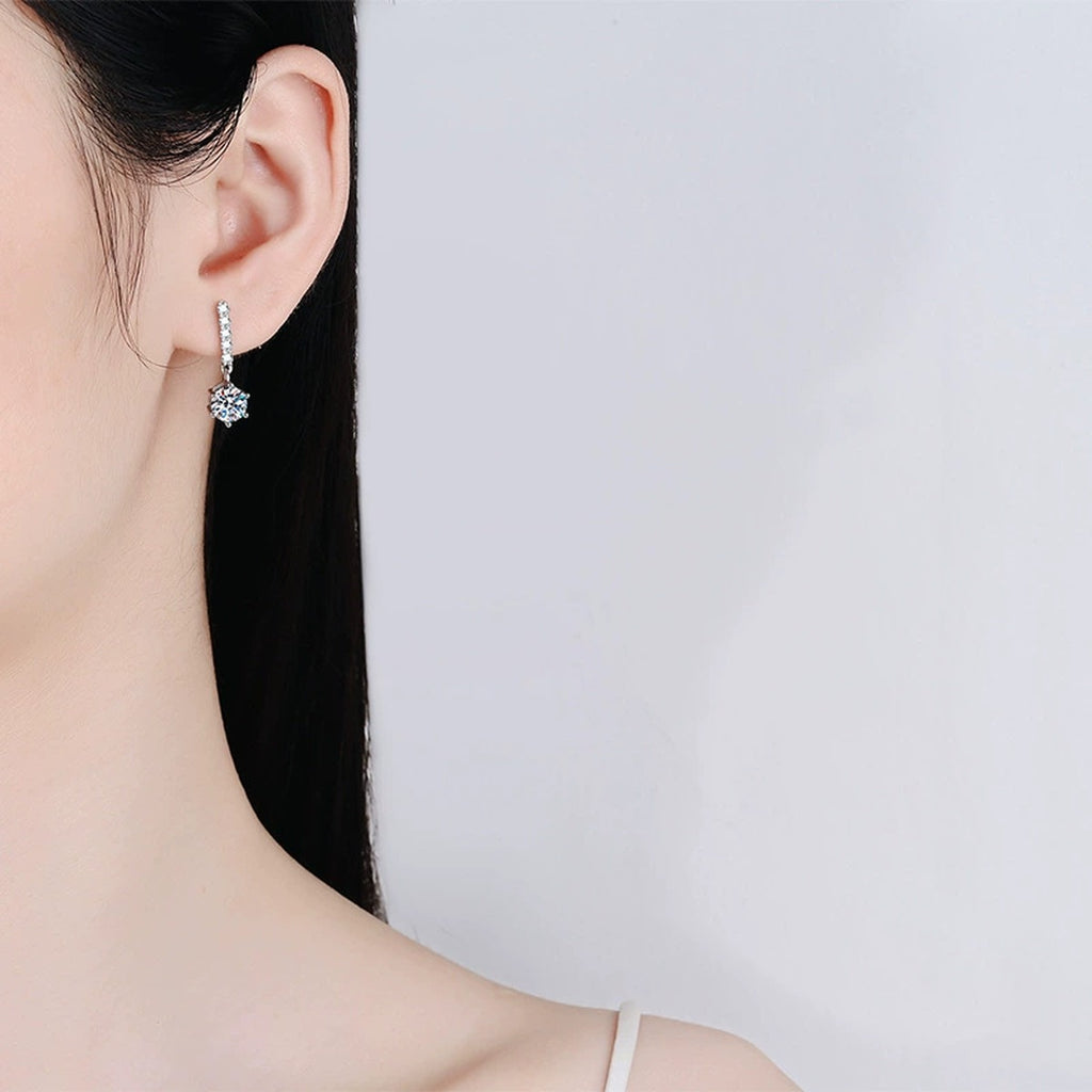 Moissanite Threader Drop Earrings with CZ in White Gold-Plated S925 worn on ear by model