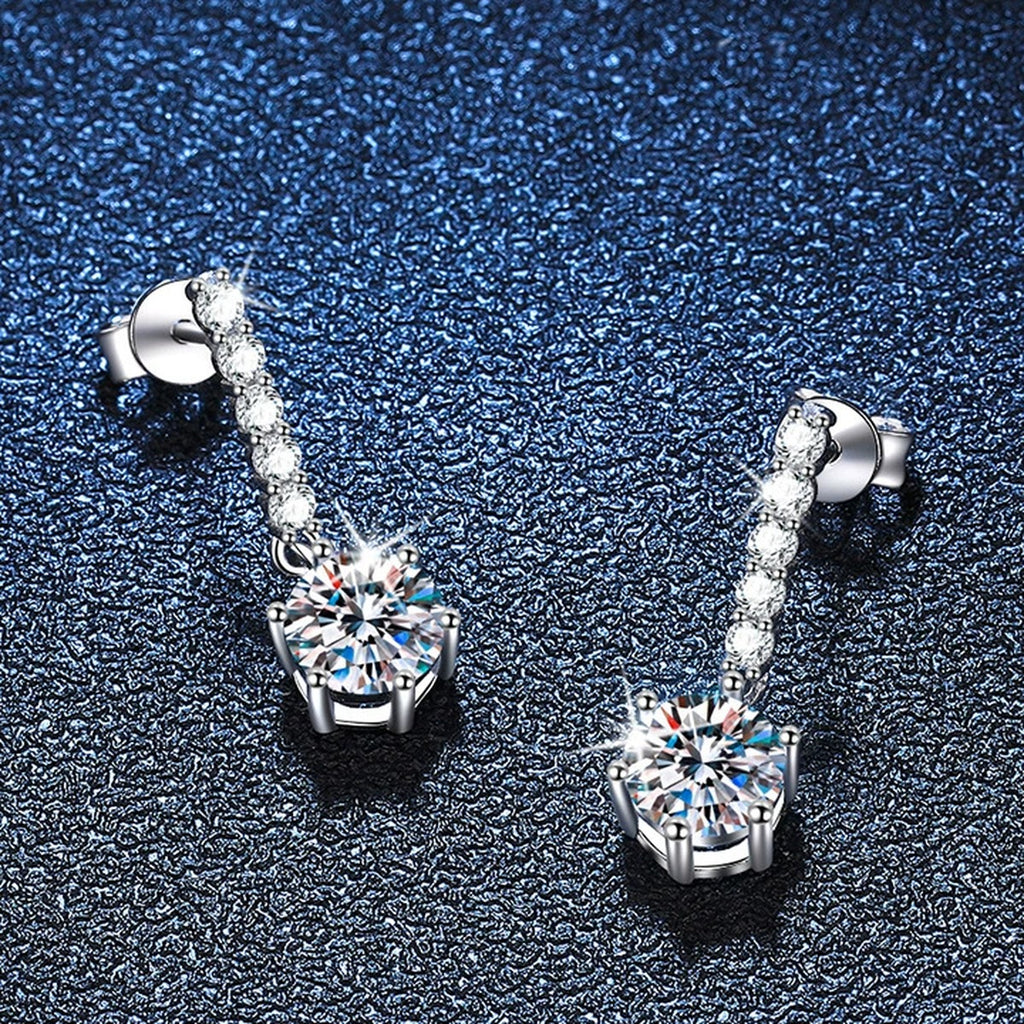 Moissanite Threader Drop Earrings with CZ in White Gold-Plated S925 blue scene product view