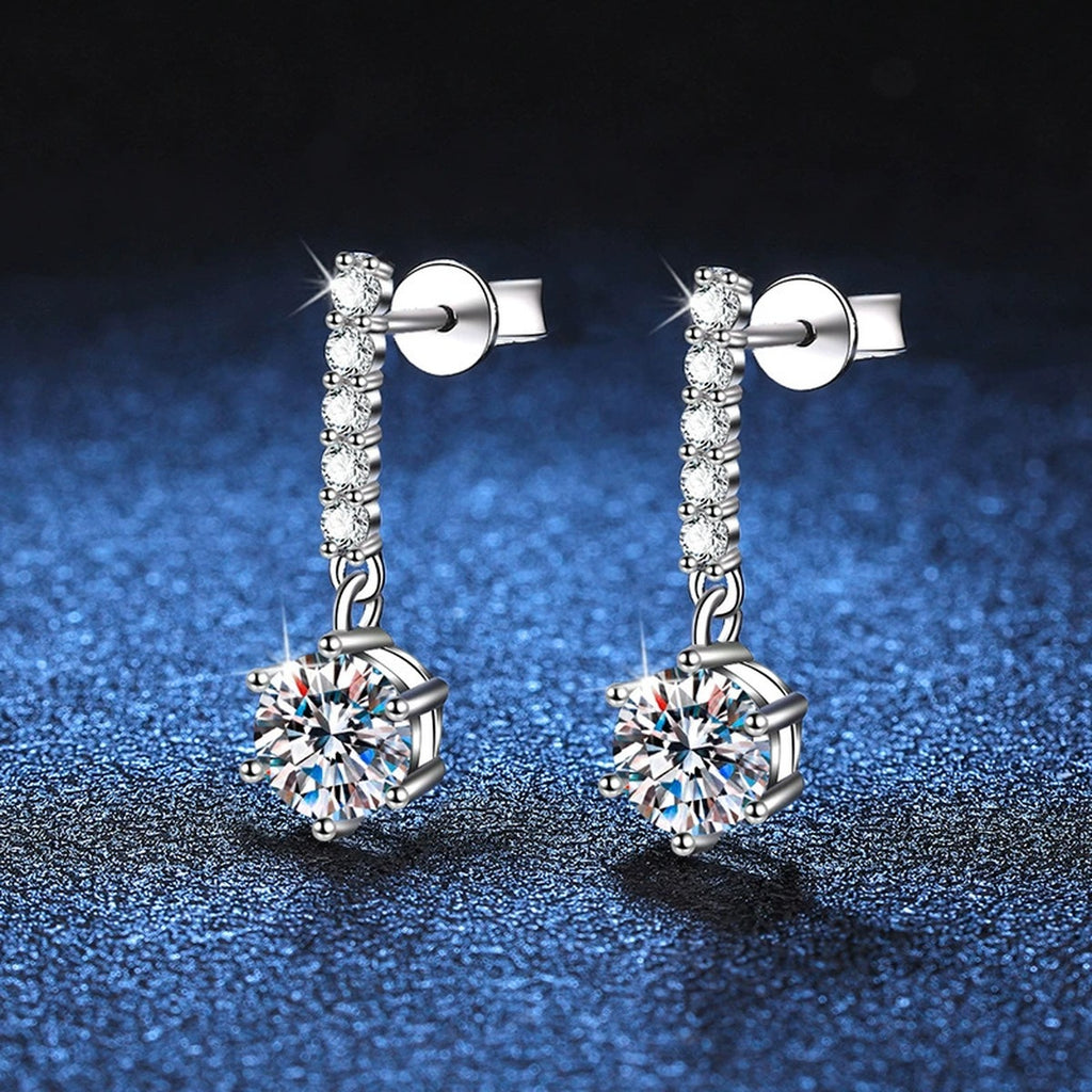 Moissanite Threader Drop Earrings with CZ in White Gold-Plated S925 blue scene angled view