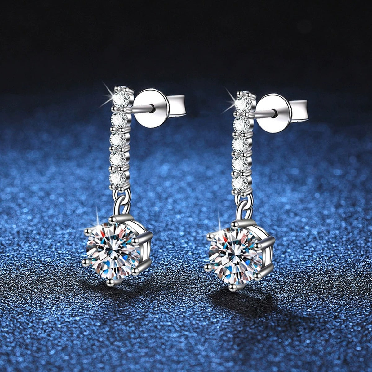 Moissanite Threader Drop Earrings with CZ in White Gold-Plated S925 blue scene angled view