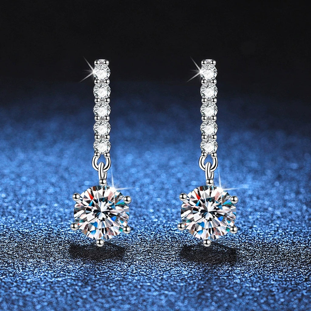 Moissanite Threader Drop Earrings with CZ in White Gold-Plated S925 blue scene close-up view