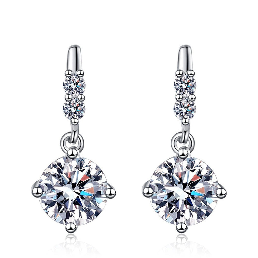 Moissanite Threader Earrings with CZ in White Gold-Plated S925 Silver on clean white background showing the pair and fine threader earrings with round moissanite drops