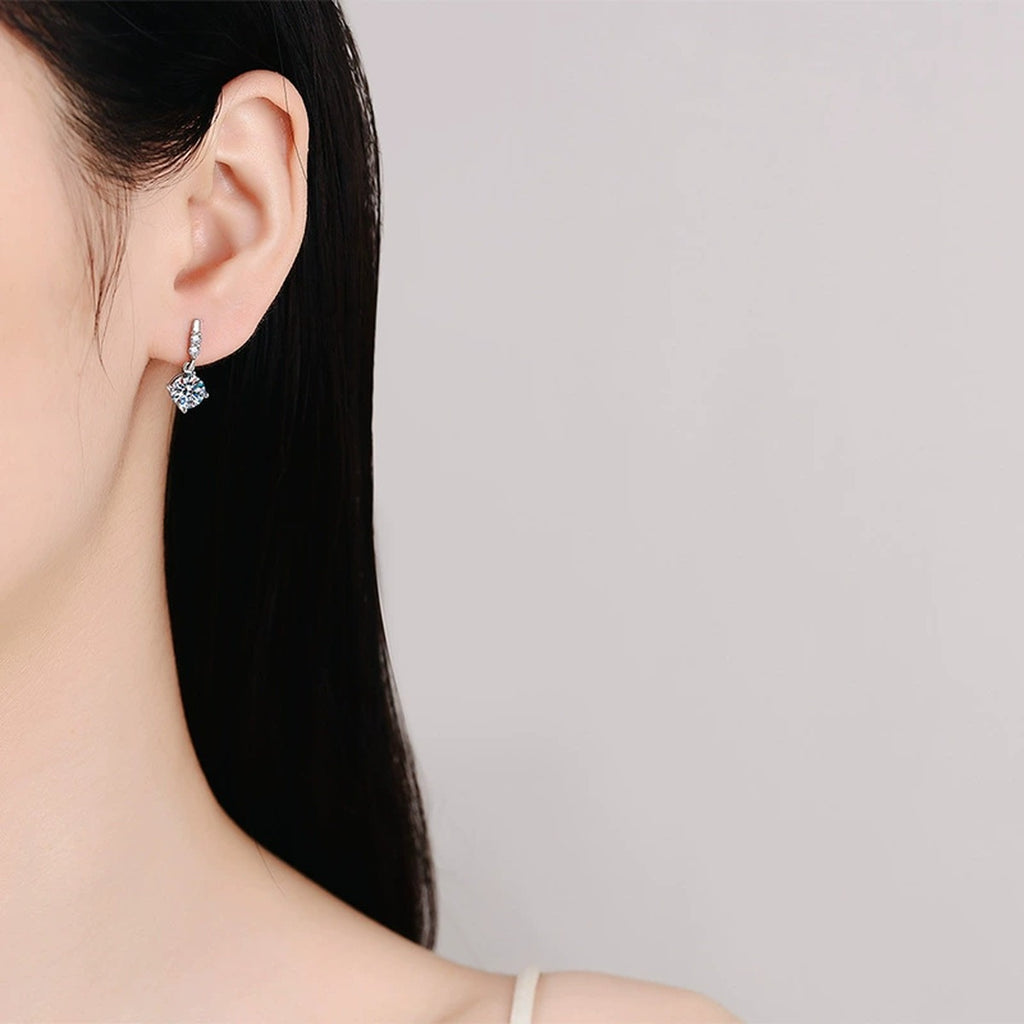 Moissanite Threader Earrings with CZ in White Gold-Plated S925 Silver worn on ear by model