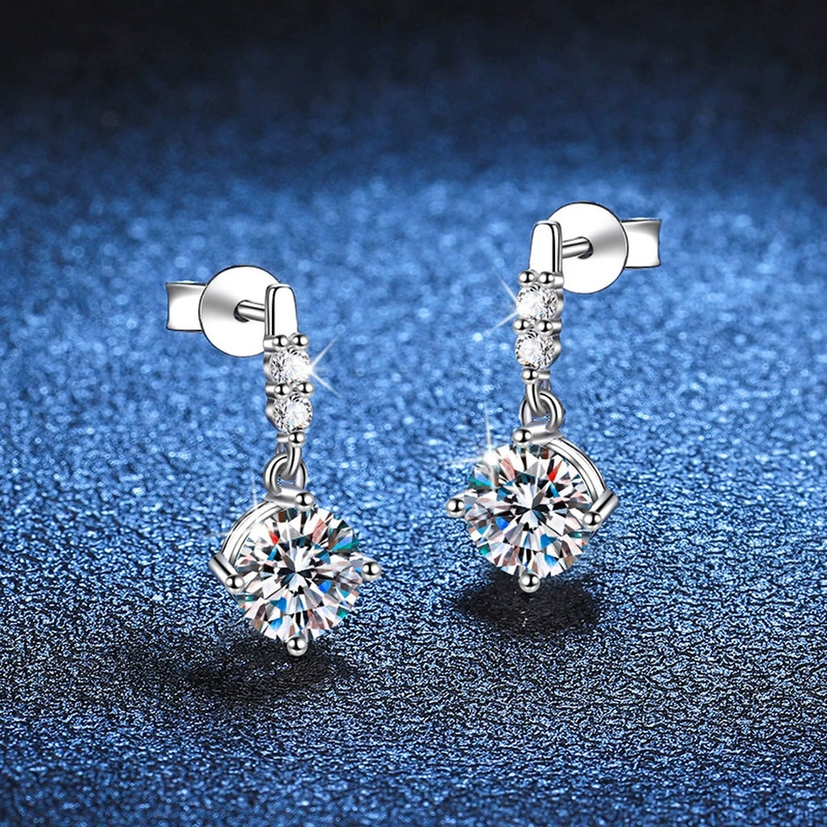 Moissanite Threader Earrings with CZ in White Gold-Plated S925 Silver blue scene product view