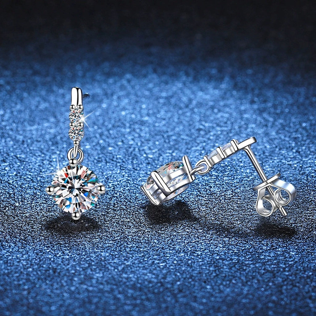 Moissanite Threader Earrings with CZ in White Gold-Plated S925 Silver blue scene angled view