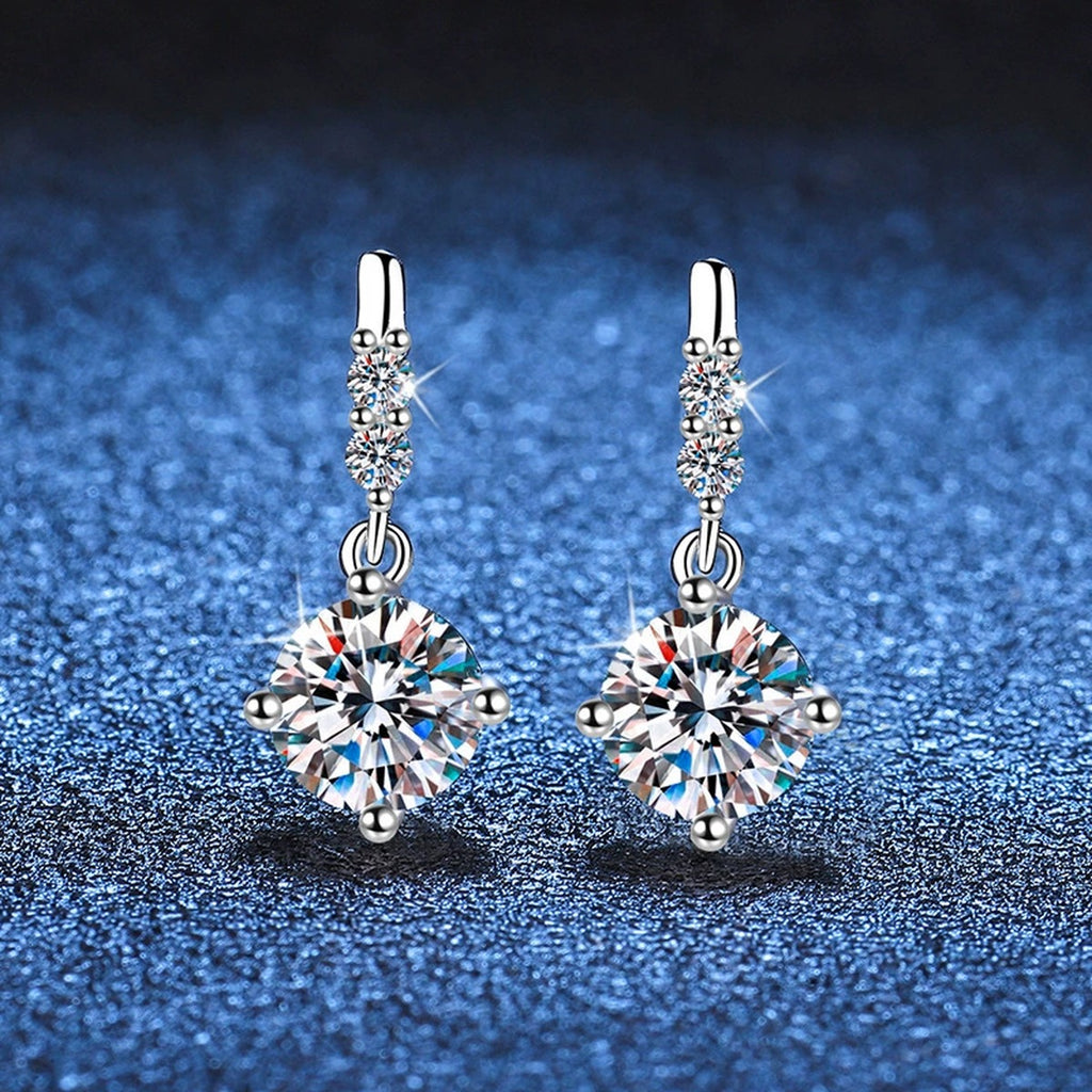 Moissanite Threader Earrings with CZ in White Gold-Plated S925 Silver blue scene close-up view