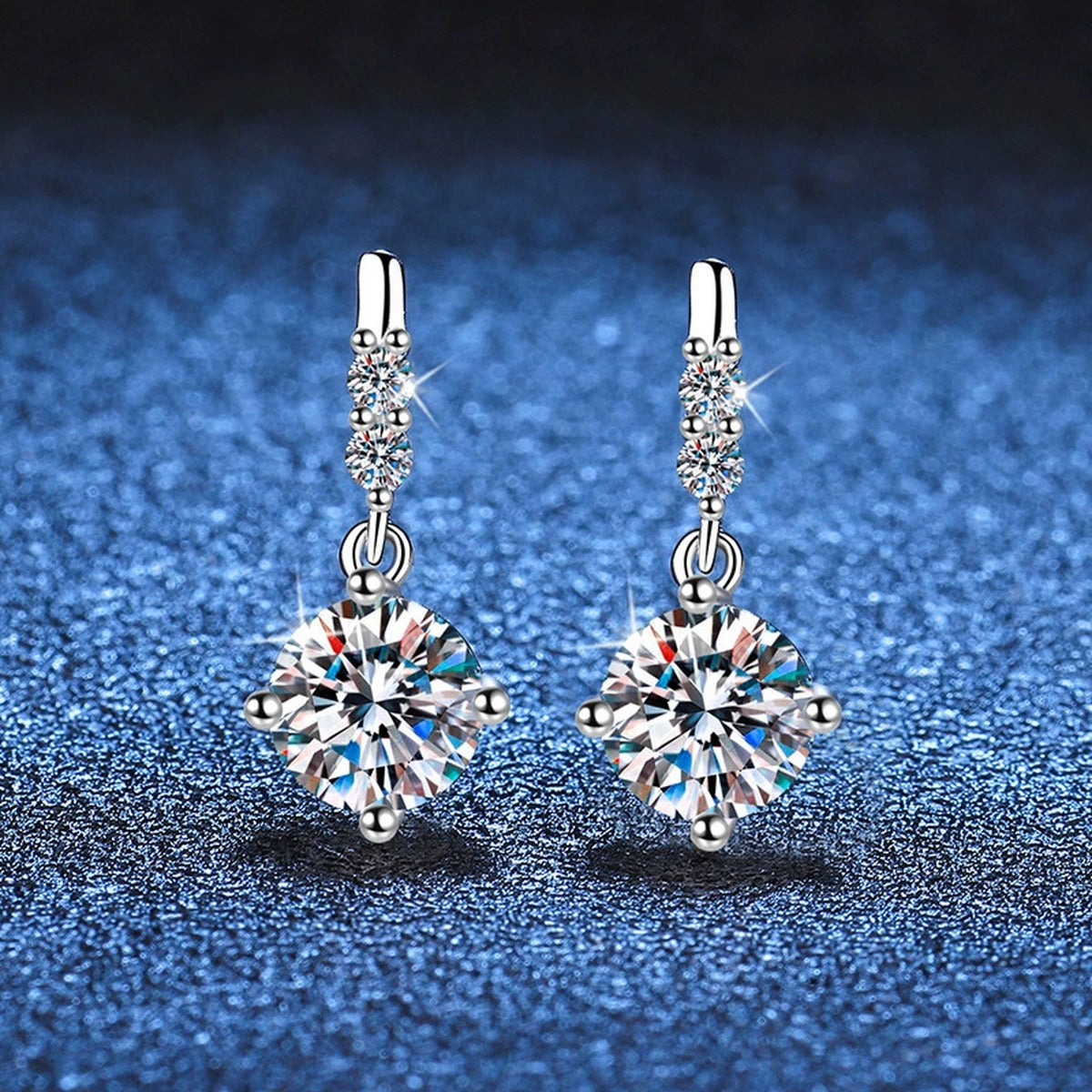 Moissanite Threader Earrings with CZ in White Gold-Plated S925 Silver blue scene close-up view