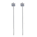 Long Chain Moissanite Threader Earrings in White Gold-Plated S925 Silver on clean white background showing the pair and 65mm pull-through chain earrings with tiny moissanite ends