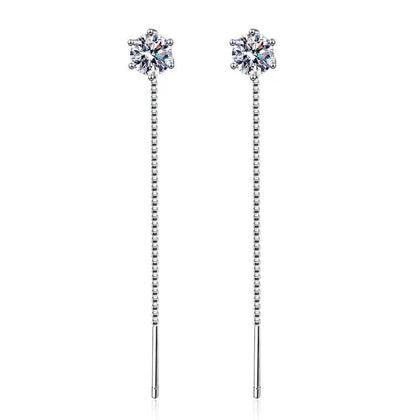 Long Chain Moissanite Threader Earrings in White Gold-Plated S925 Silver on clean white background showing the pair and 65mm pull-through chain earrings with tiny moissanite ends
