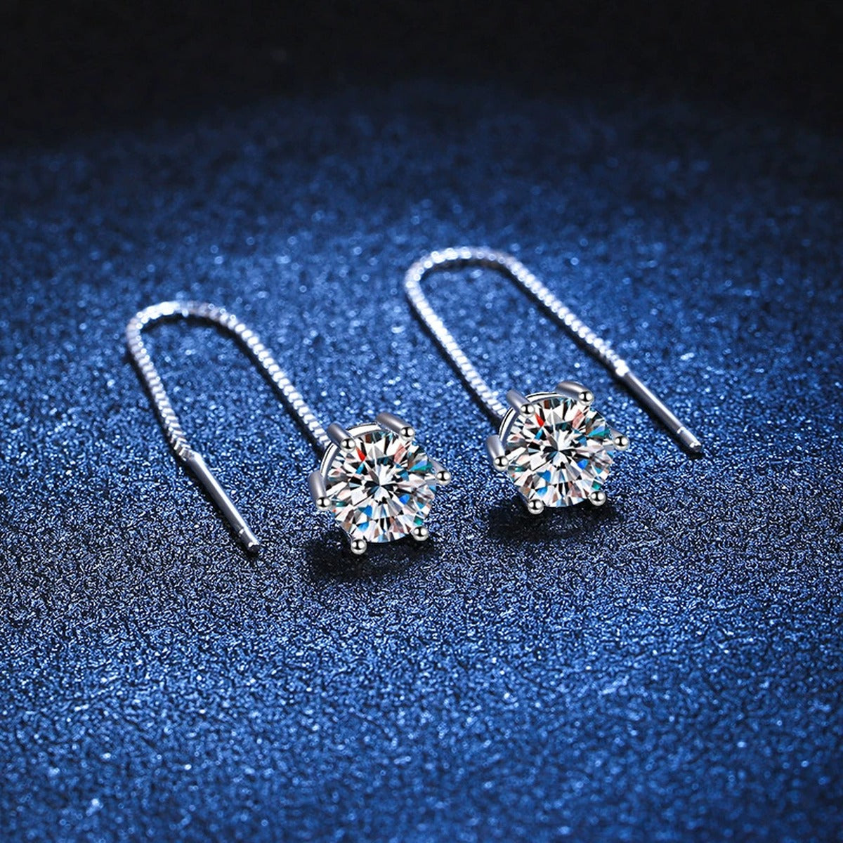 Long Chain Moissanite Threader Earrings in White Gold-Plated S925 Silver blue scene product view