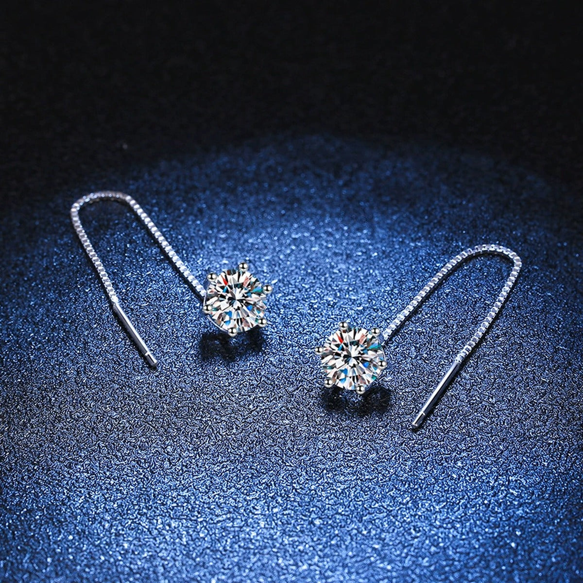 Long Chain Moissanite Threader Earrings in White Gold-Plated S925 Silver blue scene angled view