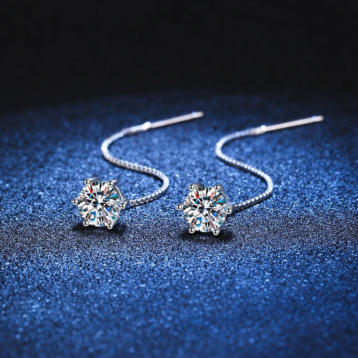 Long Chain Moissanite Threader Earrings in White Gold-Plated S925 Silver blue scene close-up view