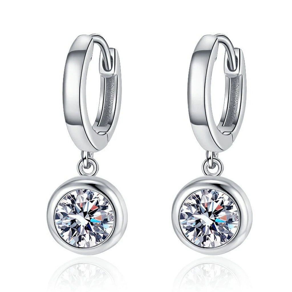 Round Moissanite Hoop Earrings in White Gold-Plated S925 Sterling Silver on clean white background showing the pair and rounded hoop earrings with centered round moissanite stones