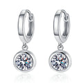 Round Moissanite Hoop Earrings in White Gold-Plated S925 Sterling Silver on clean white background showing the pair and rounded hoop earrings with centered round moissanite stones