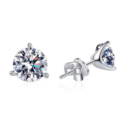Round Moissanite Stud Earrings in White Gold-Plated S925 Sterling Silver on clean white background showing the pair and classic round solitaire stud earrings in graduated stone sizes