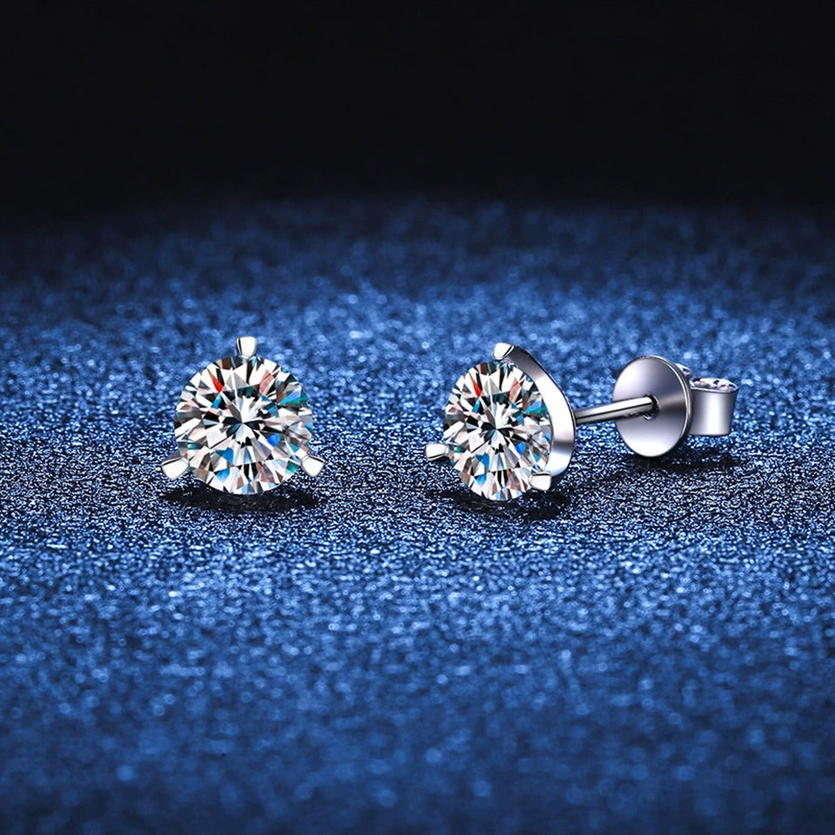 Round Moissanite Stud Earrings in White Gold-Plated S925 Sterling Silver blue scene product view