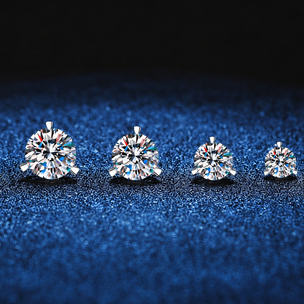 Round Moissanite Stud Earrings in White Gold-Plated S925 Sterling Silver blue scene close-up view