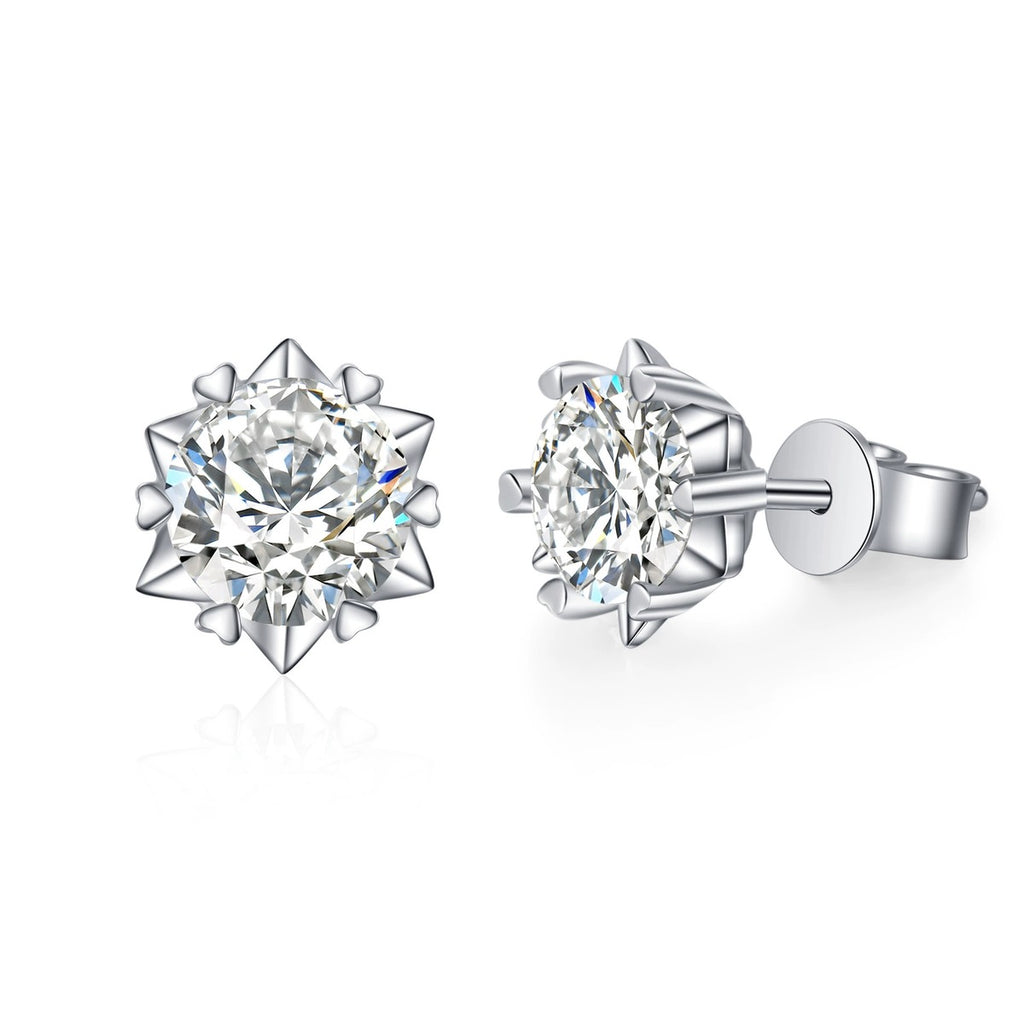 Round Four-Prong Moissanite Stud Earrings in White Gold-Plated S925 on clean white background showing the pair and four-prong solitaire studs with a clean round moissanite profile
