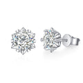 Round Four-Prong Moissanite Stud Earrings in White Gold-Plated S925 on clean white background showing the pair and four-prong solitaire studs with a clean round moissanite profile