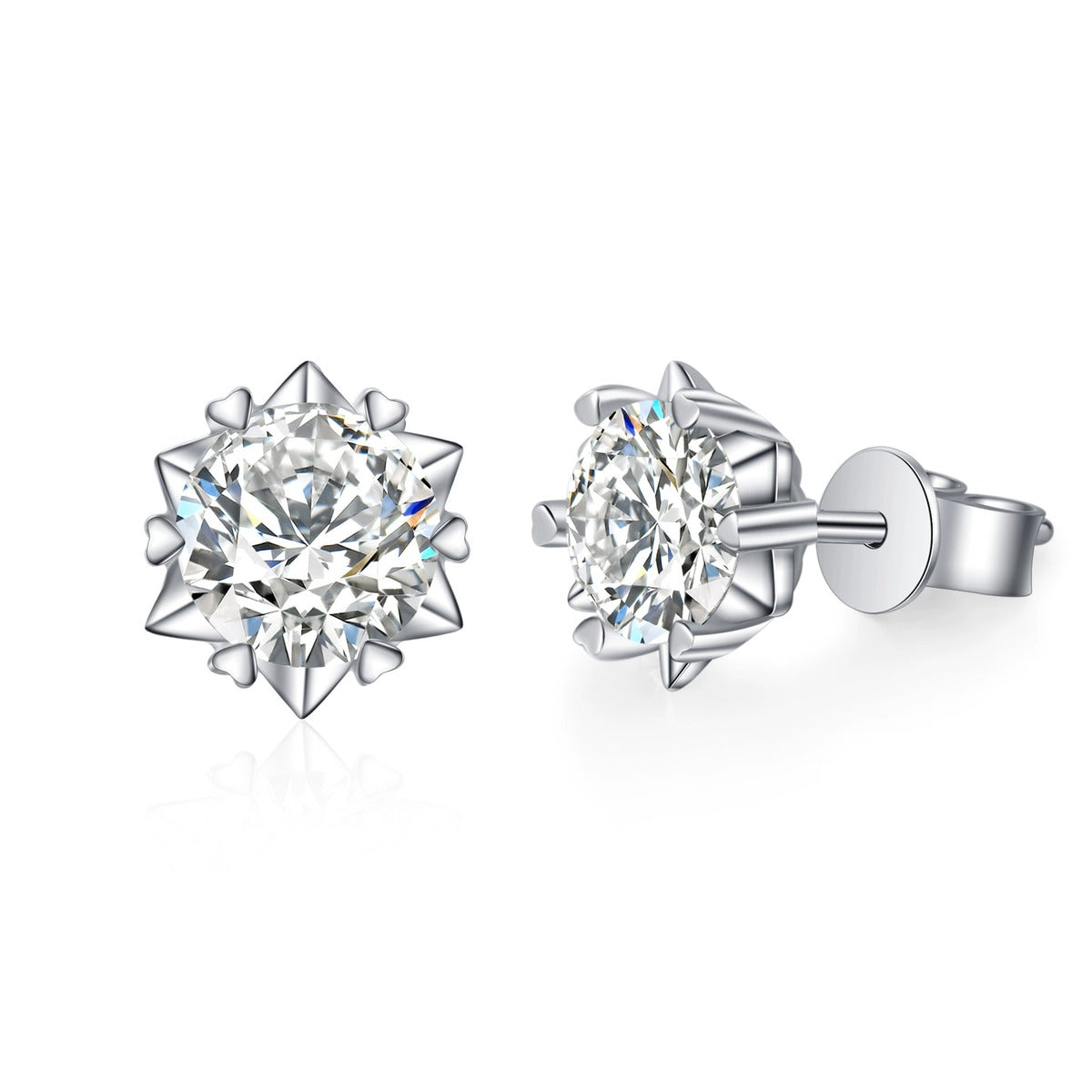 Round Four-Prong Moissanite Stud Earrings in White Gold-Plated S925 on clean white background showing the pair and four-prong solitaire studs with a clean round moissanite profile