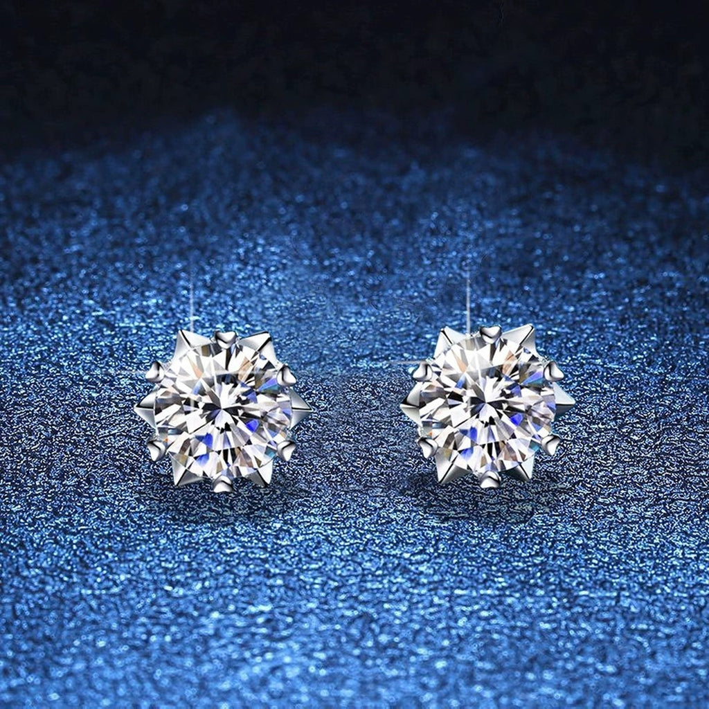 Round Four-Prong Moissanite Stud Earrings in White Gold-Plated S925 blue scene angled view