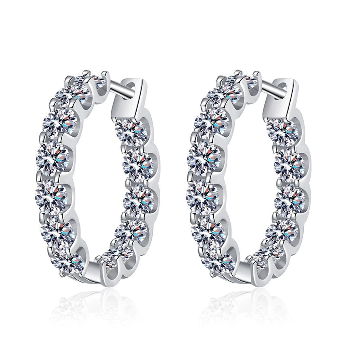 Inside-Out Moissanite Hoop Earrings in White Gold-Plated S925 Silver on clean white background showing the pair and inside-out hoops with a continuous row of moissanite stones