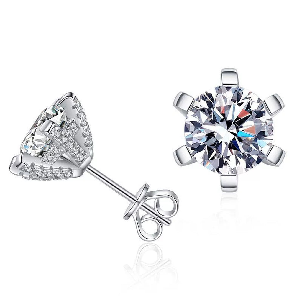 Trillion and Round Moissanite Stud Earrings with CZ in White Gold-Plated S925 on clean white background showing the pair and asymmetric stud pair with trillion-cut and round moissanite options