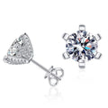 Trillion and Round Moissanite Stud Earrings with CZ in White Gold-Plated S925 on clean white background showing the pair and asymmetric stud pair with trillion-cut and round moissanite options