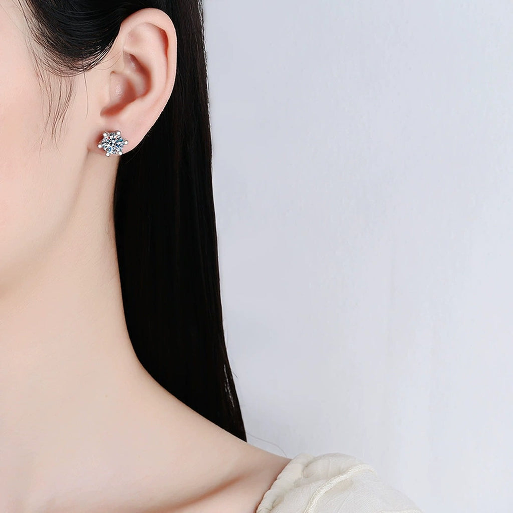 Trillion and Round Moissanite Stud Earrings with CZ in White Gold-Plated S925 worn on ear by model