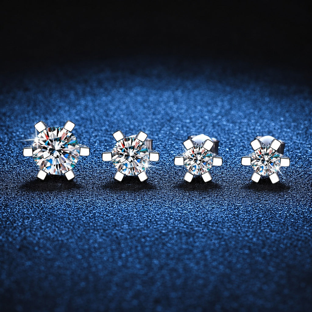 Trillion and Round Moissanite Stud Earrings with CZ in White Gold-Plated S925 blue scene product view