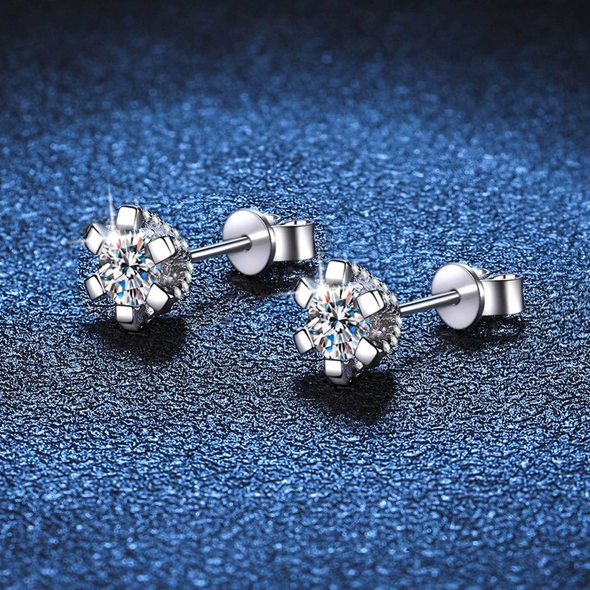 Trillion and Round Moissanite Stud Earrings with CZ in White Gold-Plated S925 blue scene angled view
