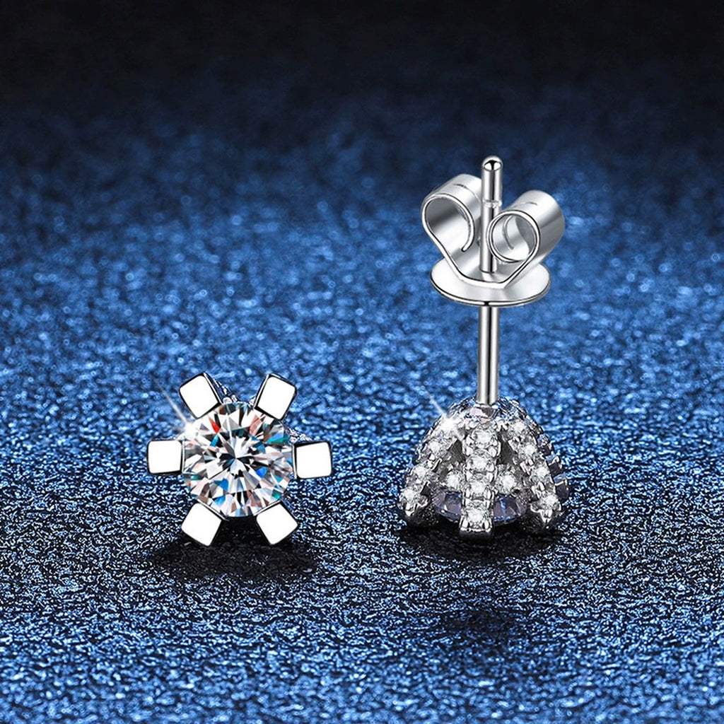 Trillion and Round Moissanite Stud Earrings with CZ in White Gold-Plated S925 blue scene close-up view