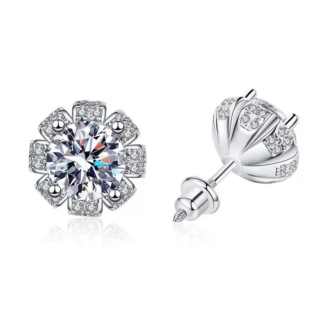 Round Floral Moissanite Stud Earrings in White Gold-Plated S925 Sterling Silver with CZ on clean white background showing a round floral cluster stud silhouette