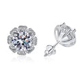 Round Floral Moissanite Stud Earrings in White Gold-Plated S925 Sterling Silver with CZ on clean white background showing a round floral cluster stud silhouette