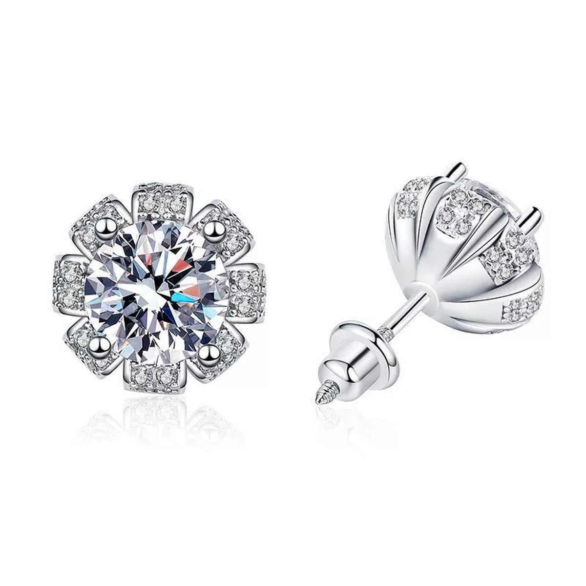 Round Floral Moissanite Stud Earrings in White Gold-Plated S925 Sterling Silver with CZ on clean white background showing a round floral cluster stud silhouette