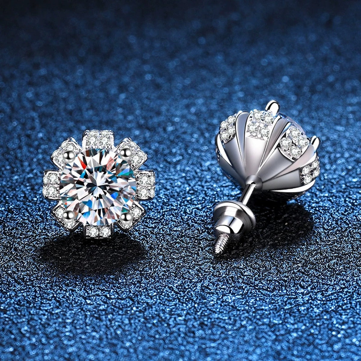 Round Floral Moissanite Stud Earrings in White Gold-Plated S925 Sterling Silver with CZ blue scene product view
