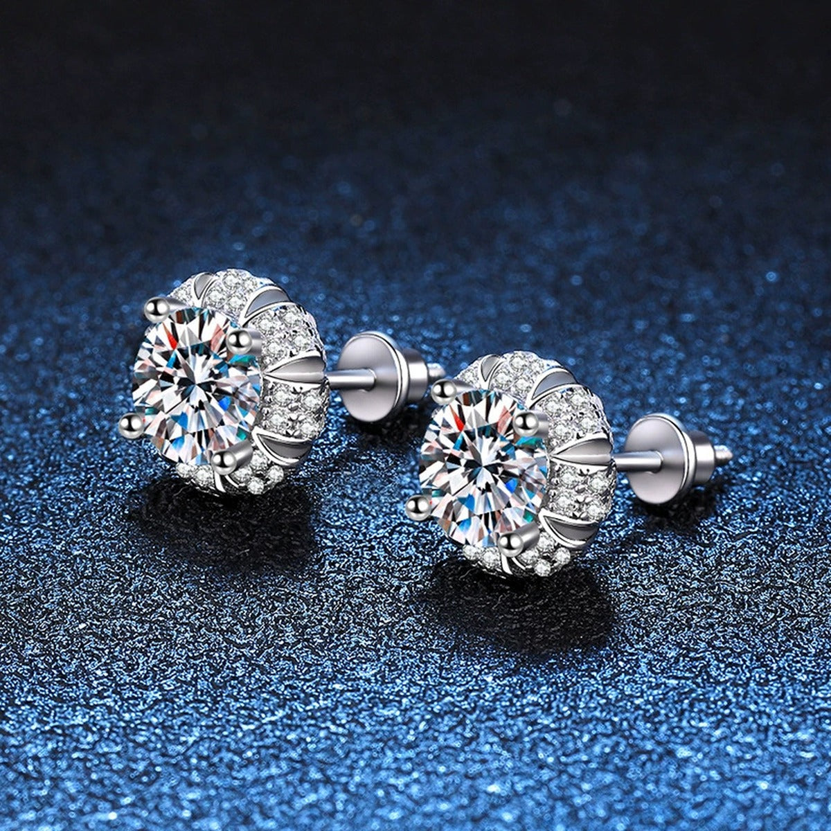 Round Floral Moissanite Stud Earrings in White Gold-Plated S925 Sterling Silver with CZ blue scene angled view