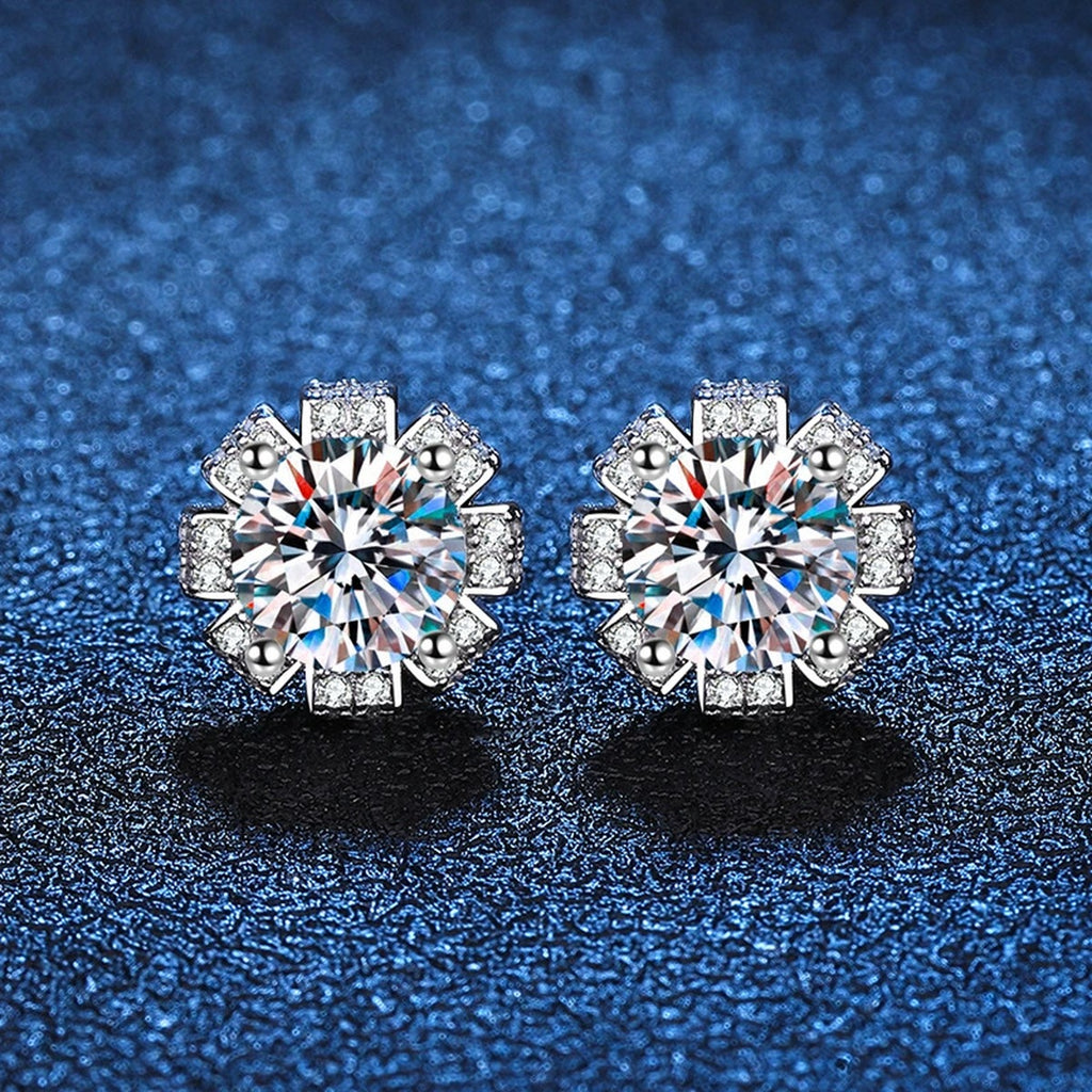 Round Floral Moissanite Stud Earrings in White Gold-Plated S925 Sterling Silver with CZ blue scene close-up view