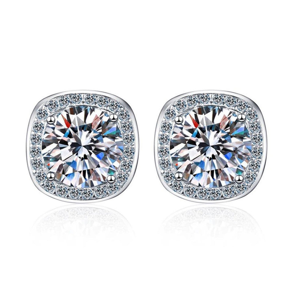 Cushion Halo Moissanite Stud Earrings with CZ in White Gold-Plated S925 on clean white background showing the pair and soft cushion halo studs with a rounded square outline