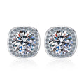 Cushion Halo Moissanite Stud Earrings with CZ in White Gold-Plated S925 on clean white background showing the pair and soft cushion halo studs with a rounded square outline