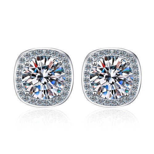 Cushion Halo Moissanite Stud Earrings with CZ in White Gold-Plated S925 on clean white background showing the pair and soft cushion halo studs with a rounded square outline
