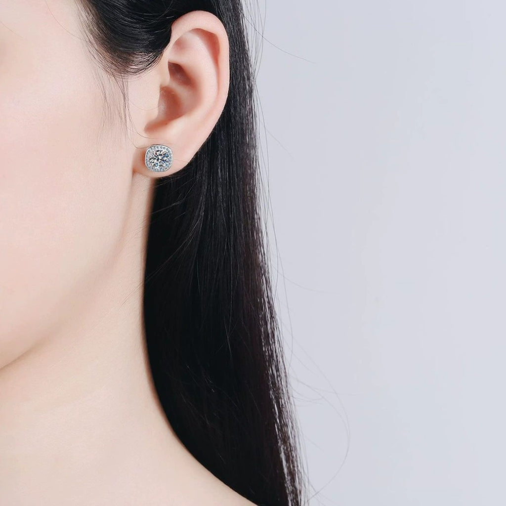 Cushion Halo Moissanite Stud Earrings with CZ in White Gold-Plated S925 worn on ear by model