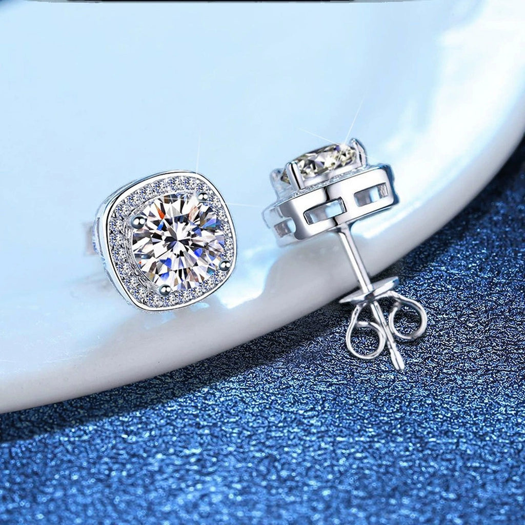 Cushion Halo Moissanite Stud Earrings with CZ in White Gold-Plated S925 blue scene product view