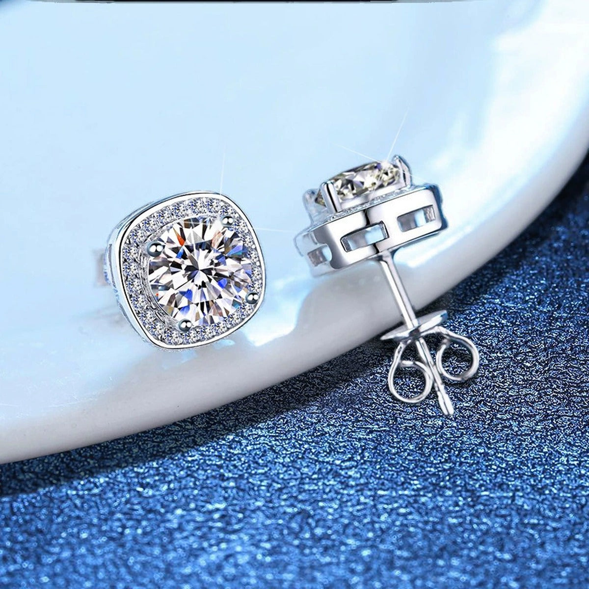 Cushion Halo Moissanite Stud Earrings with CZ in White Gold-Plated S925 blue scene product view