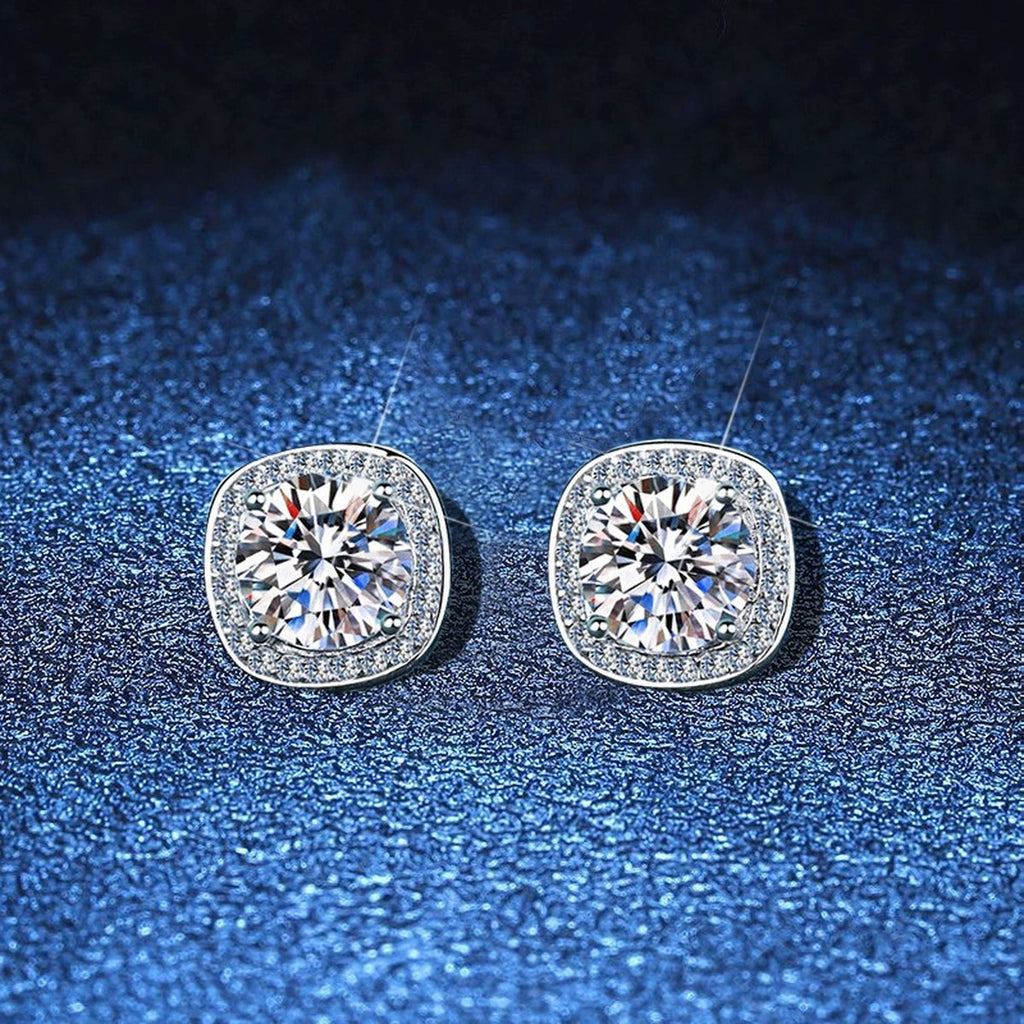 Cushion Halo Moissanite Stud Earrings with CZ in White Gold-Plated S925 blue scene angled view