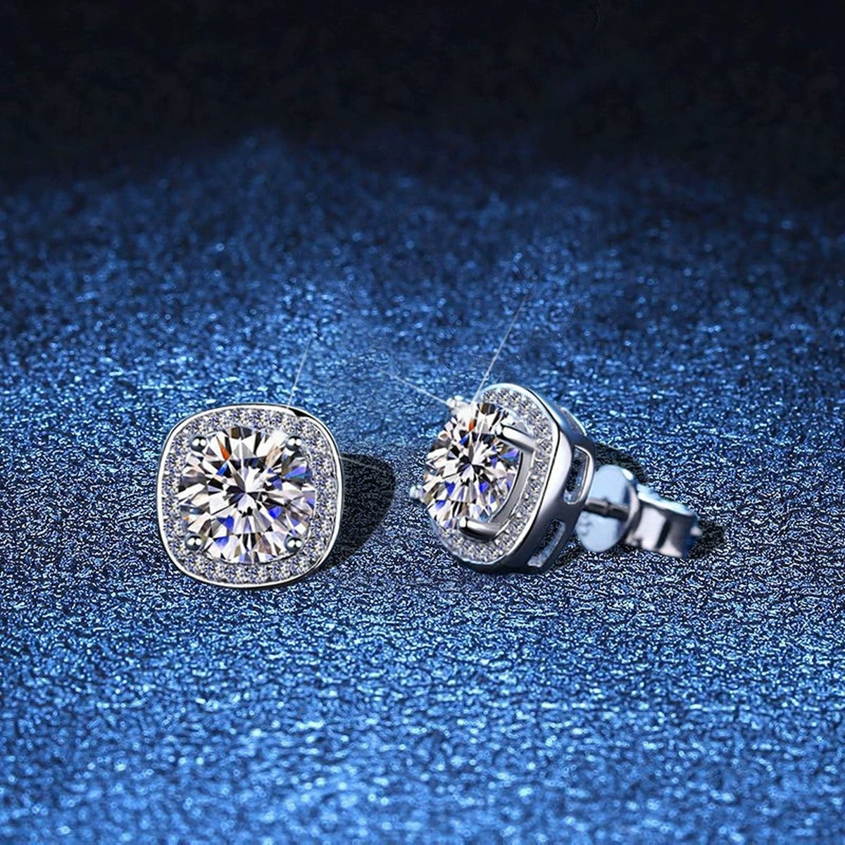 Cushion Halo Moissanite Stud Earrings with CZ in White Gold-Plated S925 blue scene close-up view
