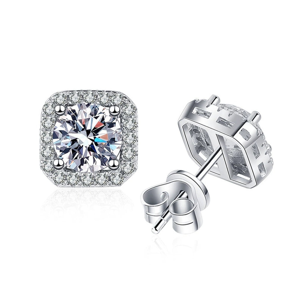 Cushion Halo Moissanite Stud Earrings with CZ in White Gold-Plated S925 on clean white background showing the pair and cushion halo studs with a bright square-rounded face