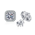 Cushion Halo Moissanite Stud Earrings with CZ in White Gold-Plated S925 on clean white background showing the pair and cushion halo studs with a bright square-rounded face